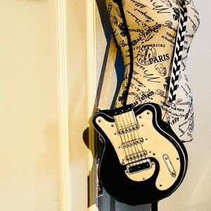 Guitar-Shaped Black and Cream Crossbody Bag
